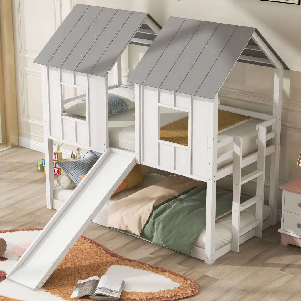 Twin Over Twin House Bunk Bed Slide And Windows White Pine wm store