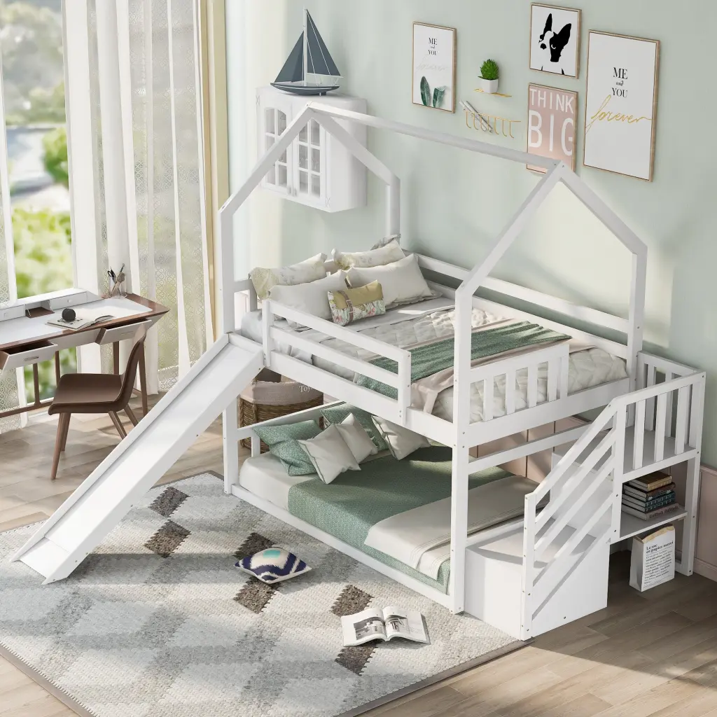 Twin Over Twin House Bunk Bed Convertible Slide and Storage Staircase wm store