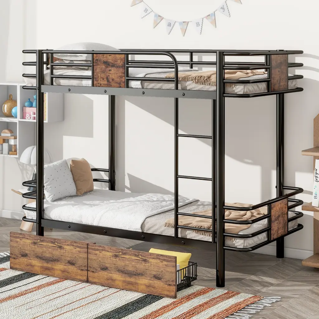 Twin XL Over Twin XL Metallic Bunk Bed MDF Board Guardrail wm store