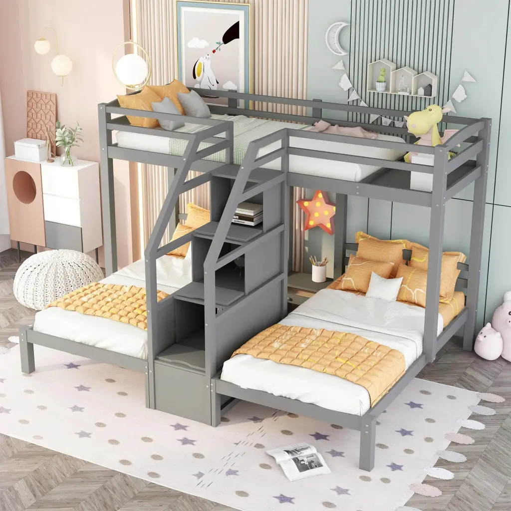 Twin Over Twin & Twin Bunk Bed Built Staircase And Storage Drawers wm store