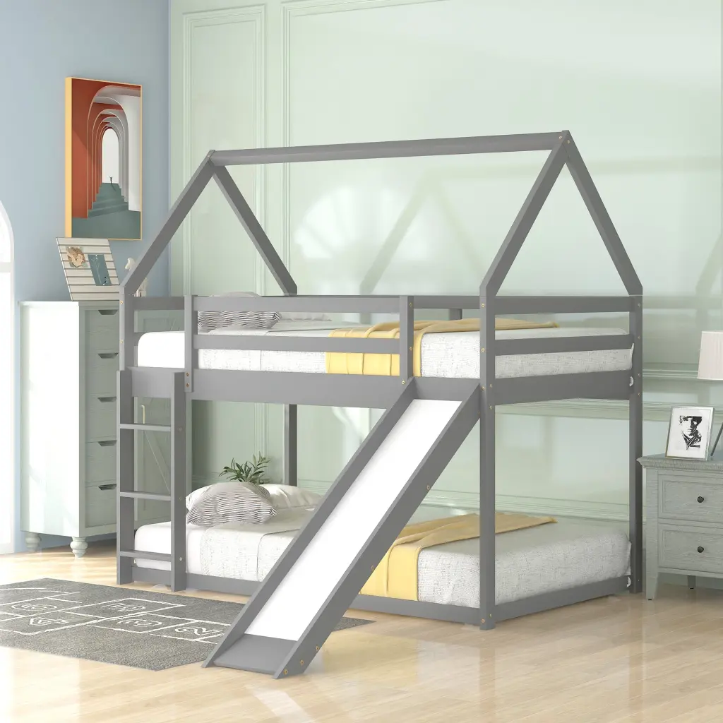 Twin Size Bunk House Bed Slide and Ladder Gray Pine wm store