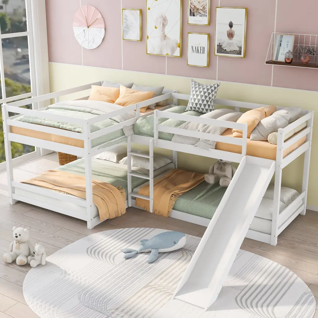 White Full Twin Size L Shaped Bunk Bed Slide and Short Ladder wm store