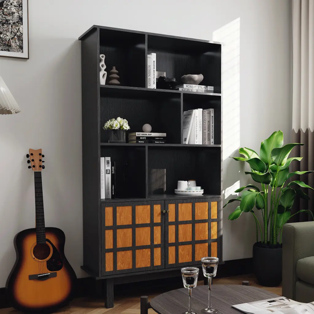 Bookcase Cabinet Bookshelf Doors Black & Honey Black Vertical jaydenmax