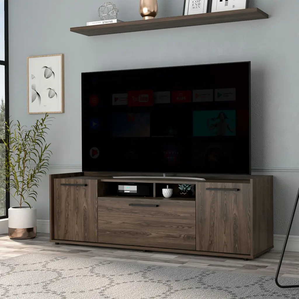 TV Stand TVs up to 55 One Cabinet Double Door Dark Walnut Media Console OMCCHK