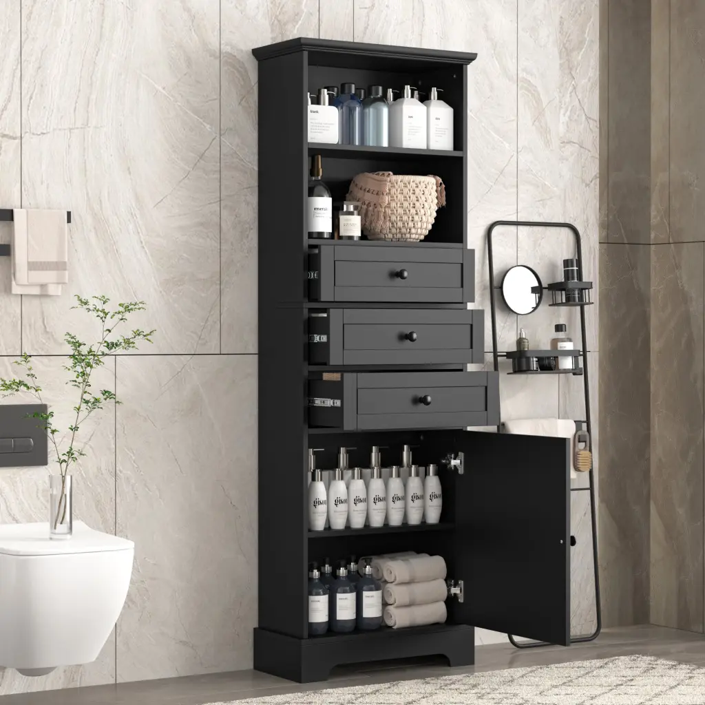 Black Tall Storage Cabinet 3 Drawers and Adjustable Shelves Bedroom Office by