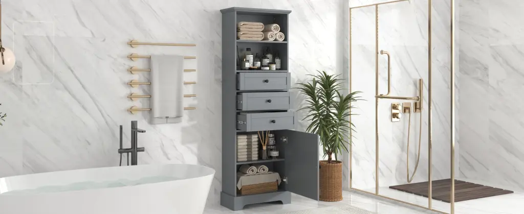 Gray Tall Storage Cabinet 3 Drawers and Adjustable Shelves by