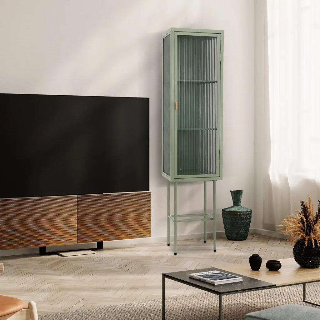 Retro Style Freestanding Metal Tall Presentation Cupboard Glass Doors golden walnut