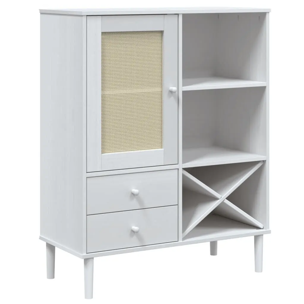 Highboard SENJA Rattan Look White 35.4x15.7x44.1 Inches Solid Wood Pine Storage Cabinet