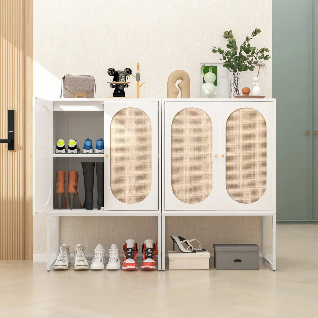 Set 2 Natural Rattan 2 Door High Cabinet Customizable Shelves milestone homelife