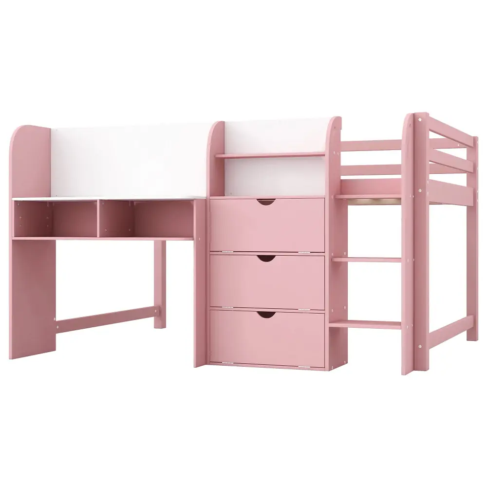 Low Loft Bed Fabricated Desk, Storage Cabinets, Open Bookcase And Doodle board