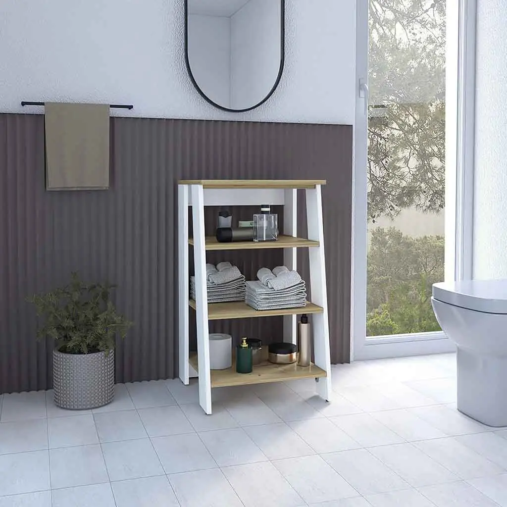 Linen Cabinet Jenne Four Open Shelves Light Oak White Finish Storage Organizer treevol furniture
