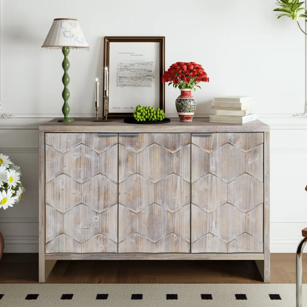 Accent Cabinet Farmhouse Style 3 Door Timberen Cabinet Sideboard Buffet fs furniture