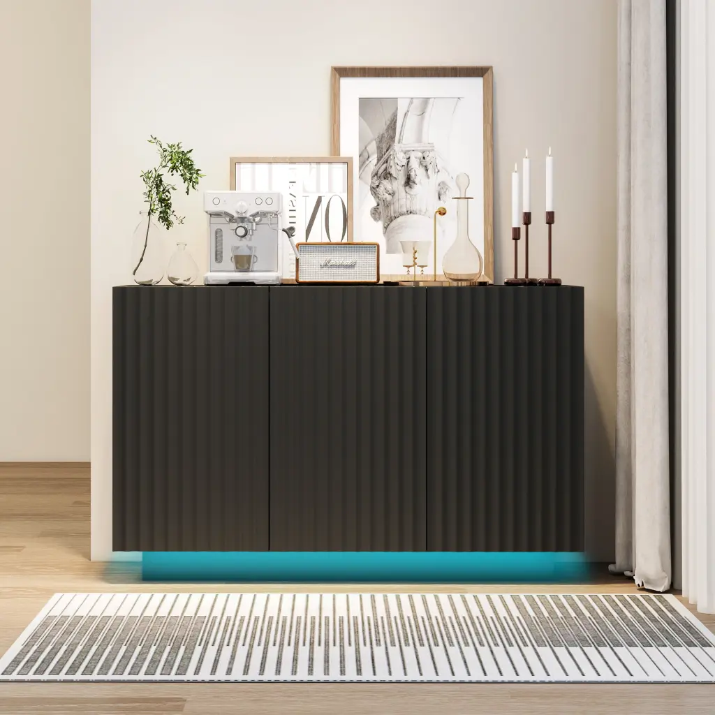 LED Carved Line 3 Door Storage Sideboard Buffet Cabinet Adjustable Shelves linfeng