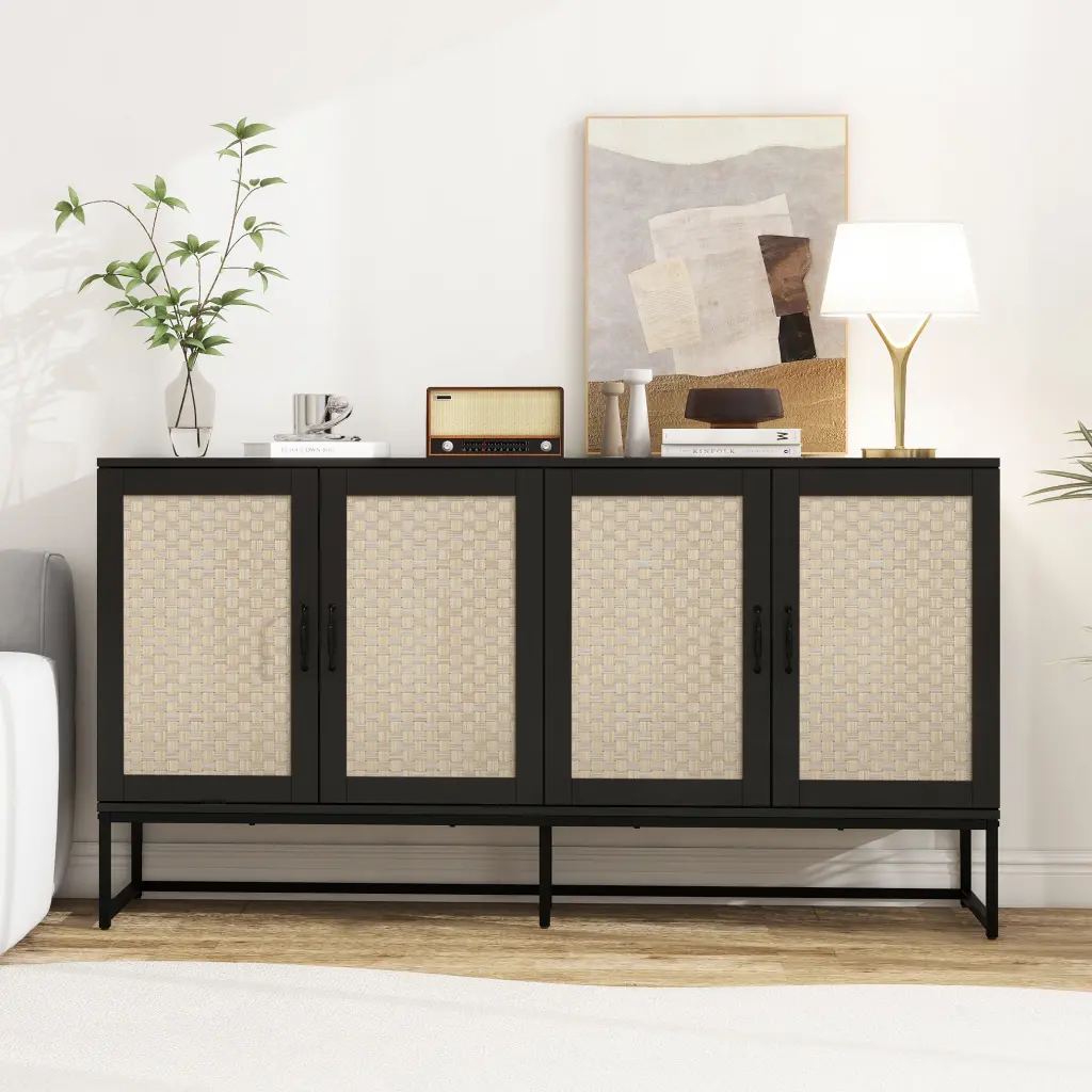 Rattan 4 Door Sideboard Buffet Storage Cabinet Accent Furniture Dining Room rnb