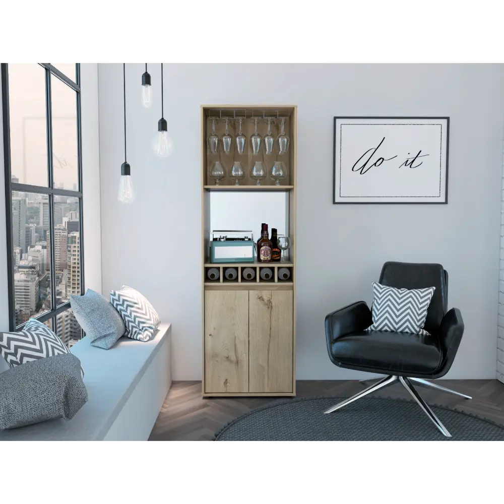 Prana Bar Cabinet Two Shelves Five Constructed Wine Rack Double Door tuhome
