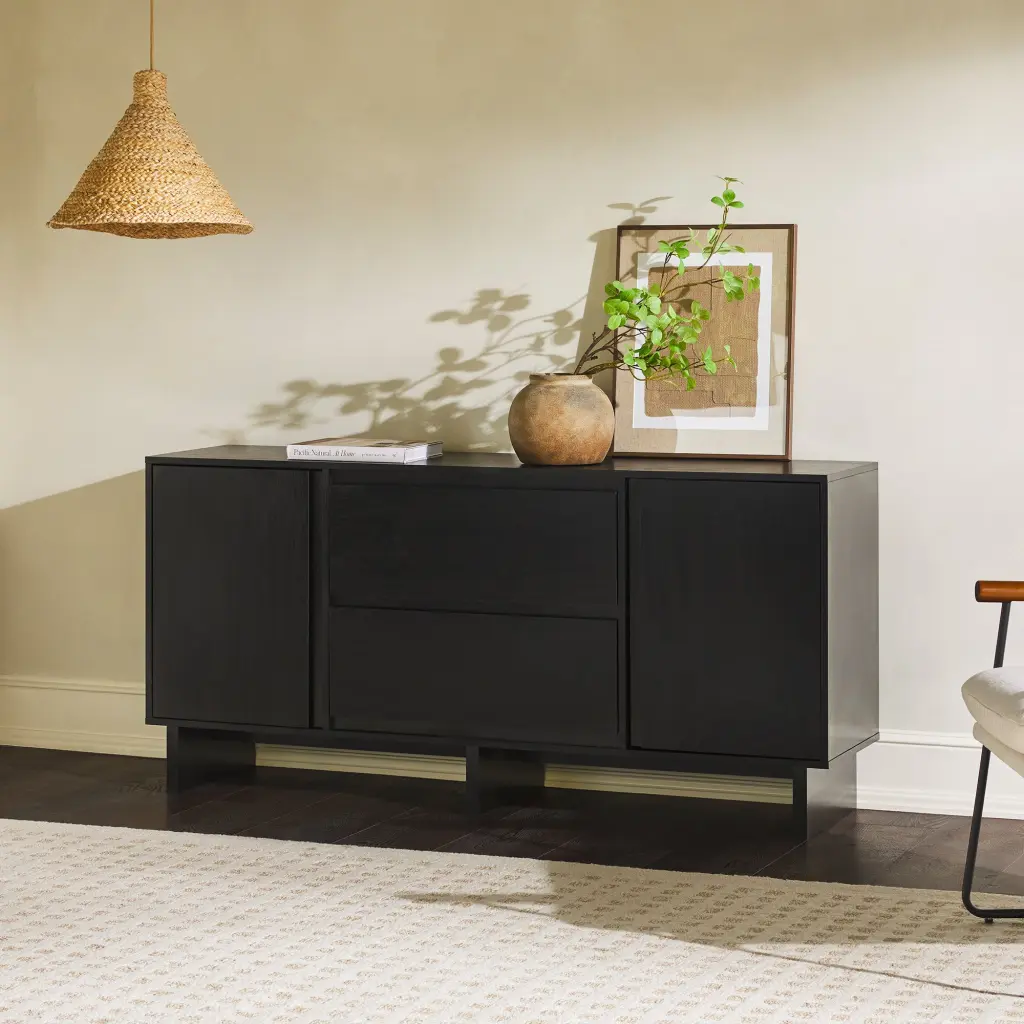 63" Scandi Sideboard Beveled Drawers, Black MDF Modern Storage Cabinet walker edison