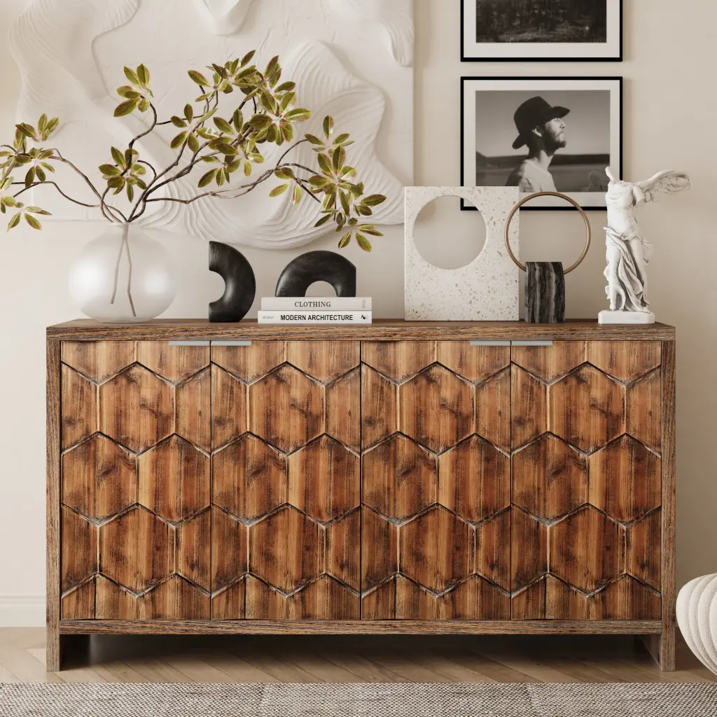 Farmhouse Style 4 Door Wooden Accent Cabinet Sideboard Buffet Storage fs furniture