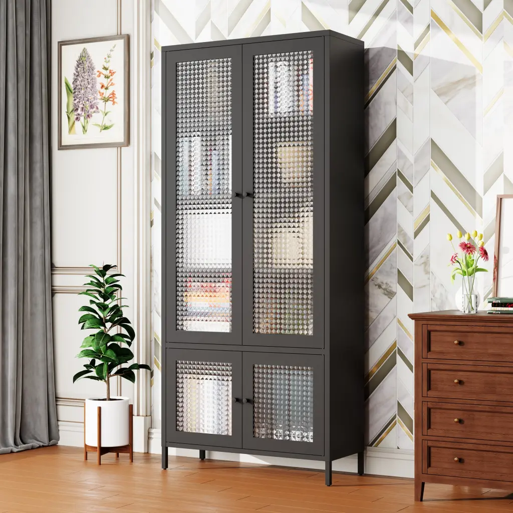 Large Metallic Storage Cabinet Display Cabinet 4 Crystal Doors 5 Shelves rnb