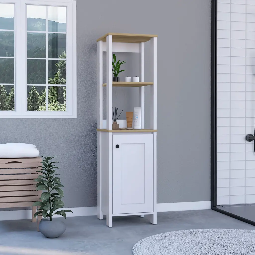 Linen Single Door Cabinet 59" H Two Interior Shelves Two Open Shelves Storage depot e-shop