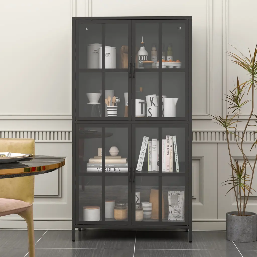 Luxury Black Metal Storage Cabinet Tempered Glass Doors Adjustable Shelves makeace home furniture