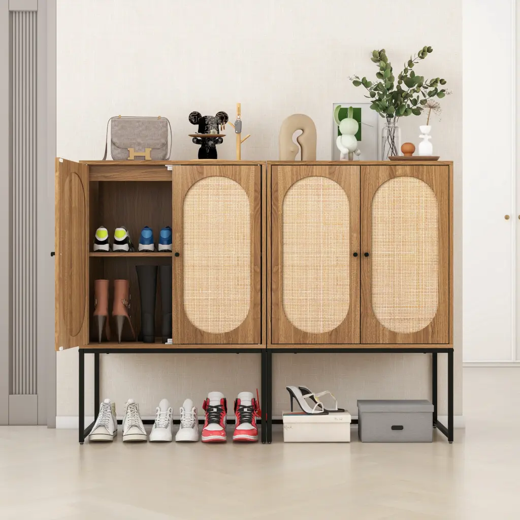 Set 2 Natural Rattan Allen 2 Door High Cabinet Storage Cabinet milestone homelife