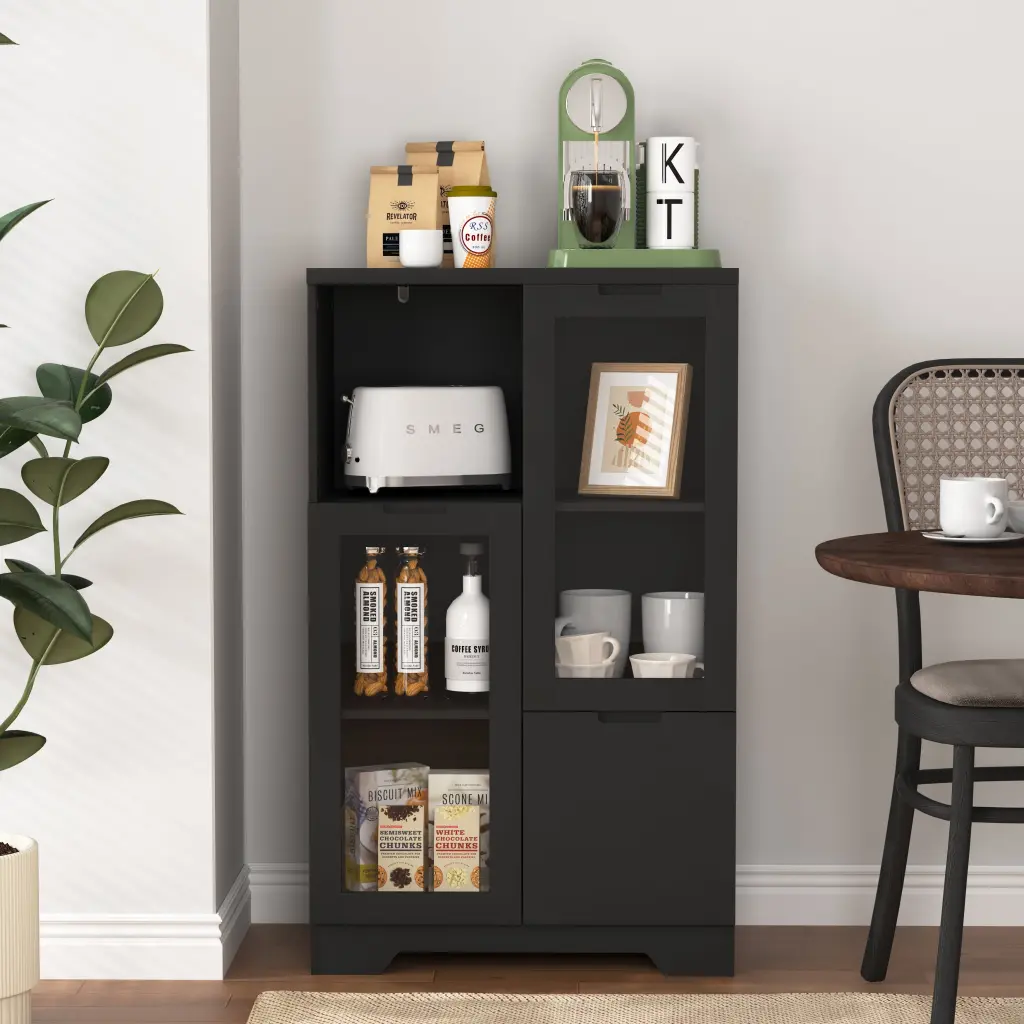Timberen Floor Cabinet 2 Crystal Doors And 2 Storage Space Black Living newmark