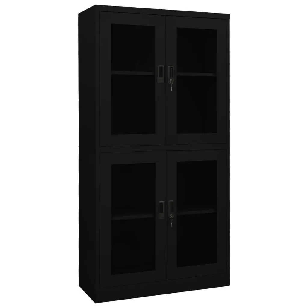 Office Cabinet Black 35.4x15.7x70.9 Inches Steel and Tempered Glass Modern