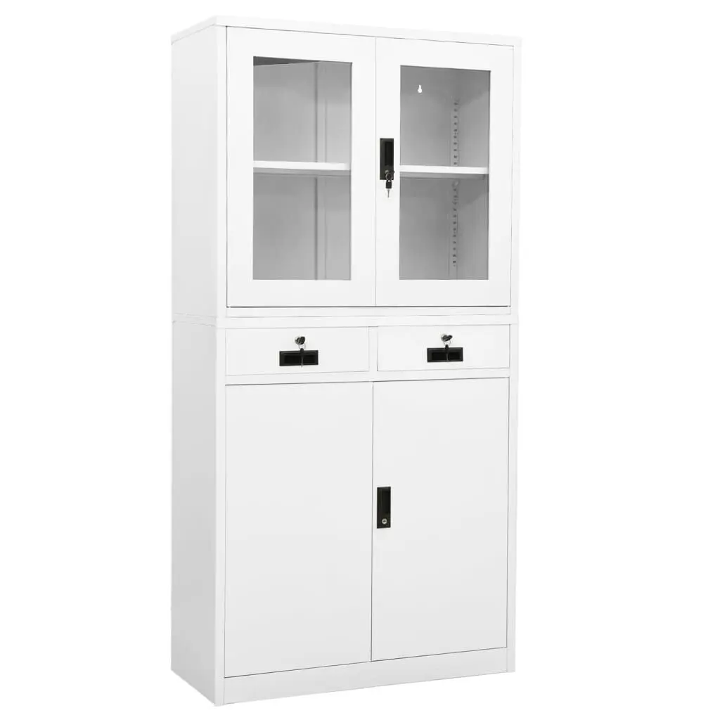 Office Cabinet White 35.4x15.7x70.9 Inches Steel and Tempered Glass Storage