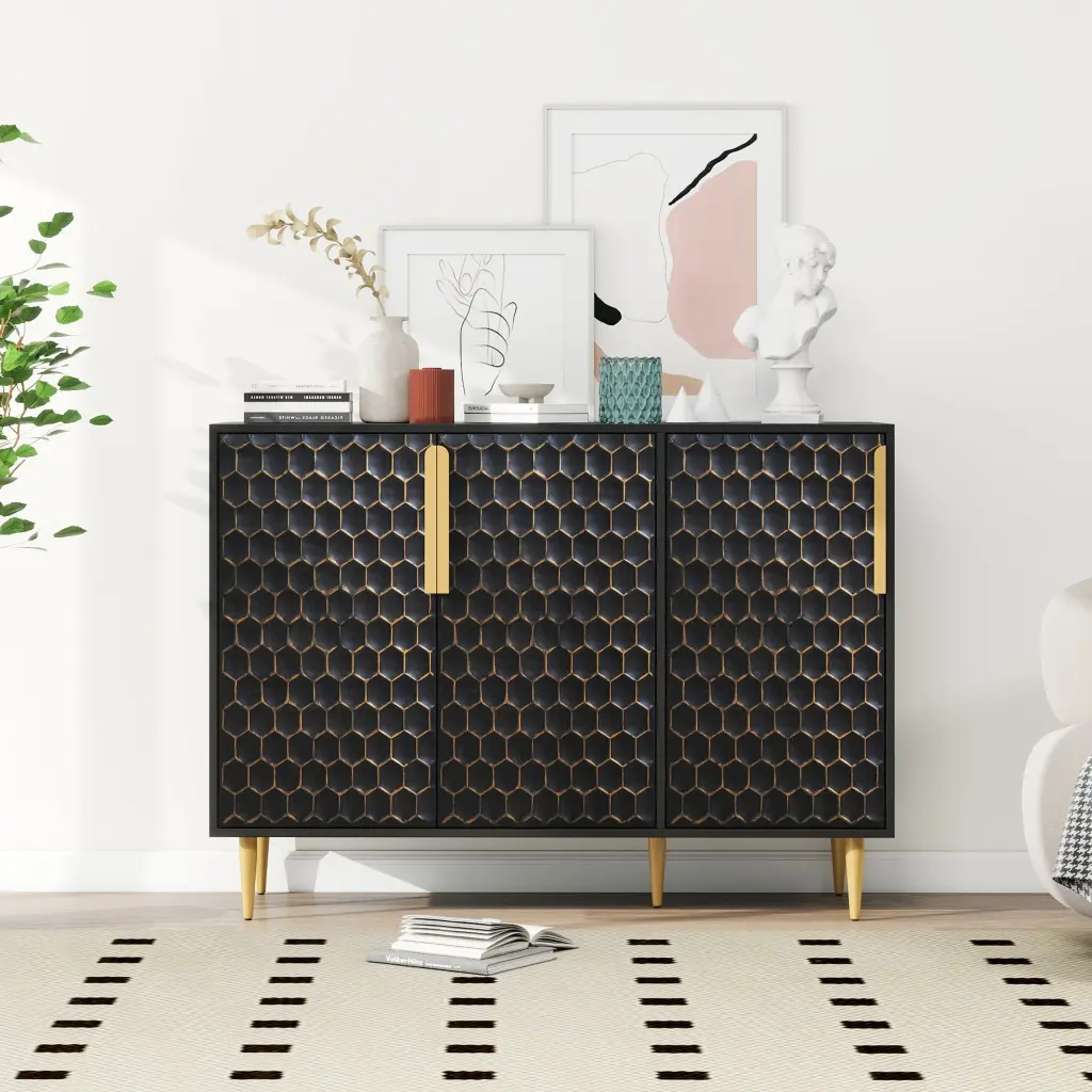 3 Door Storage Cabinet Buffet Sideboard Customizable Shelves Honey Finish rnb