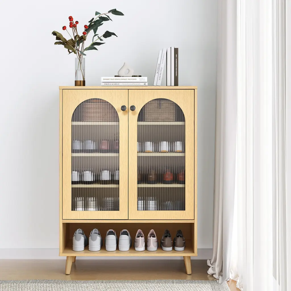Shoe Storage Cabinet Adjustable Plates Glass Doors Natural MDF rnb