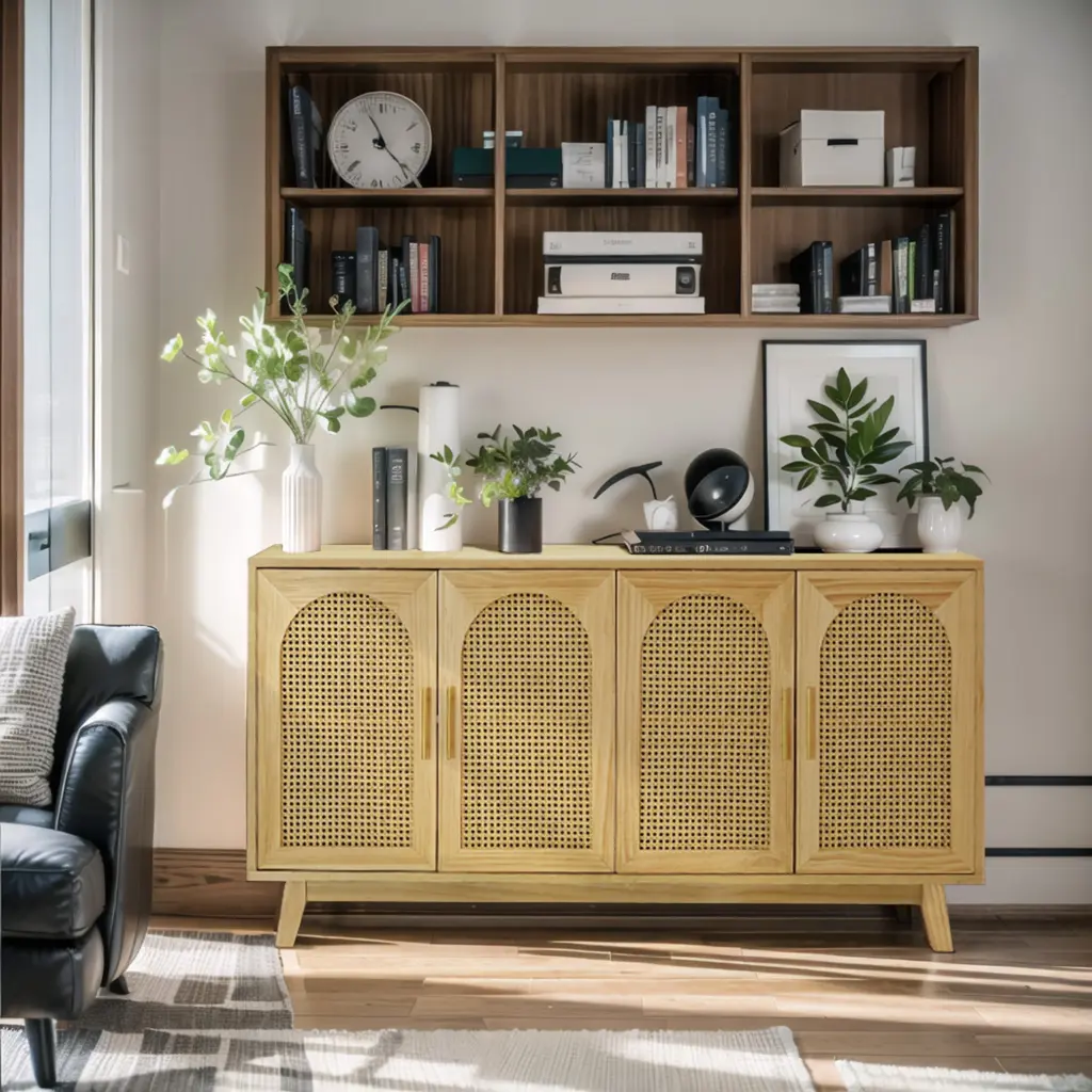 59.84 Inch Modern 4 Door Cabinet Rattan Decorative Doors Bedroom Living Room spribung