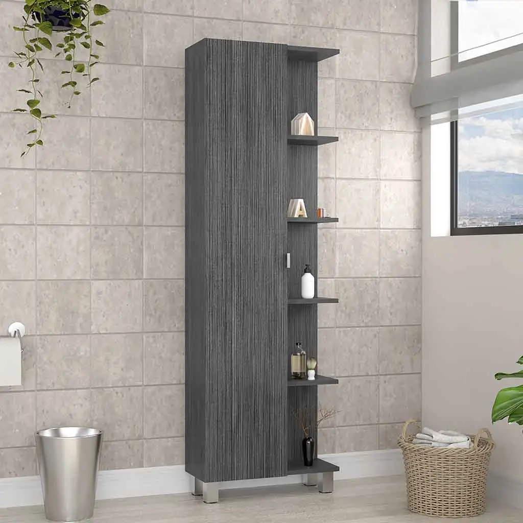 Corner Cabinet Womppi Five Open Shelves and Single Door Smokey Oak Finish treevol furniture