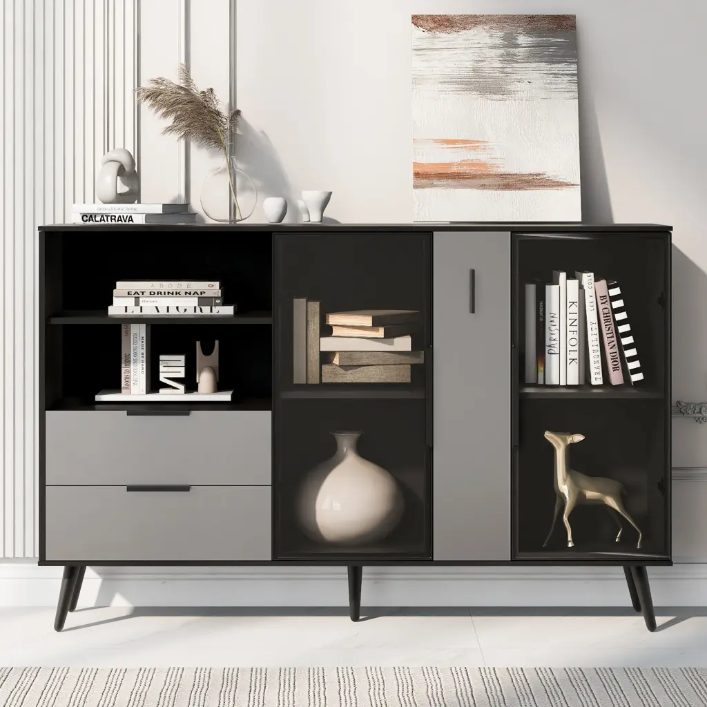 Two Door Storage Cabinet Two Drawers and Metallic Handles u_style