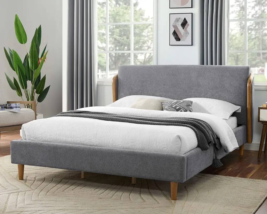 Mid Century Modern Gray Polyester Fabric Wingback California King Bed kanepe