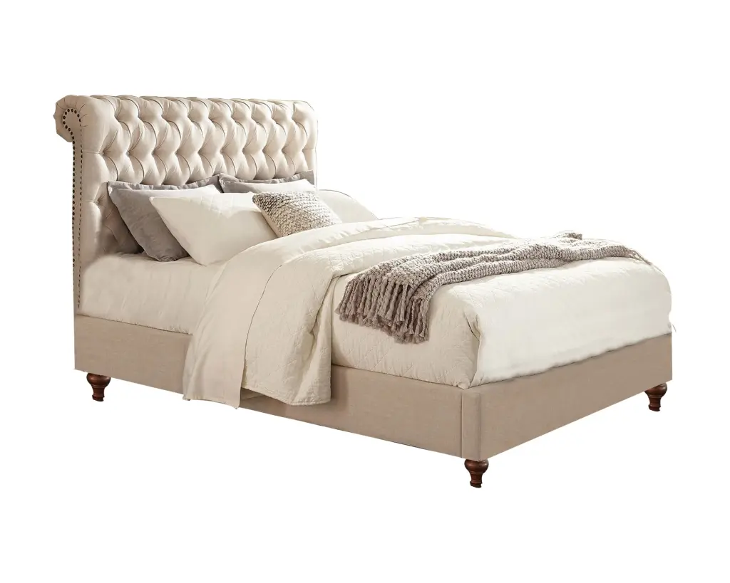 Wooden California King Bed Button Tufted Headboard Beige Upholstered Frame royal hampton