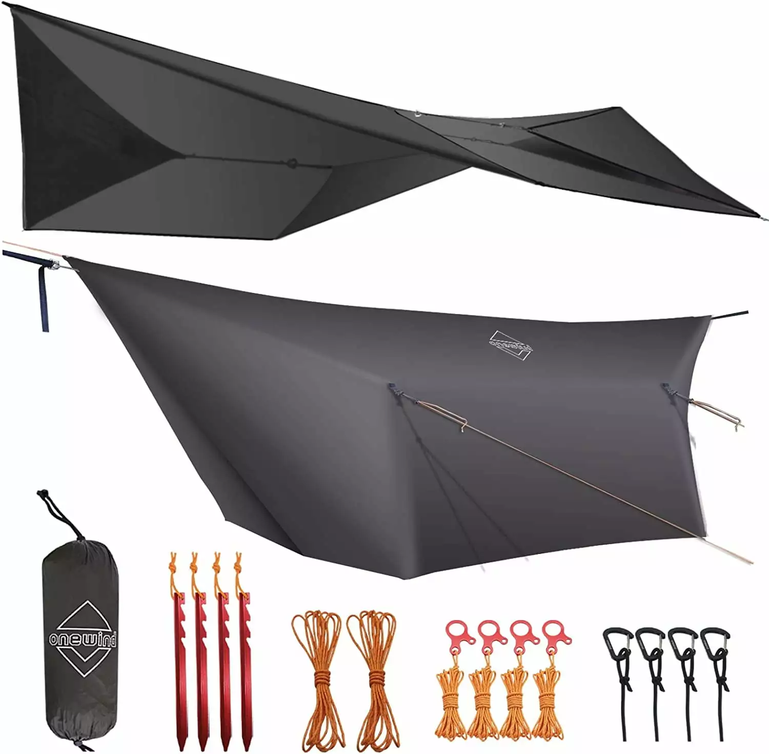 Onewind 12ft Hammock Rain Fly Camping Tarp Complete Accessories Dark Gray 12Lx9.7W 1298