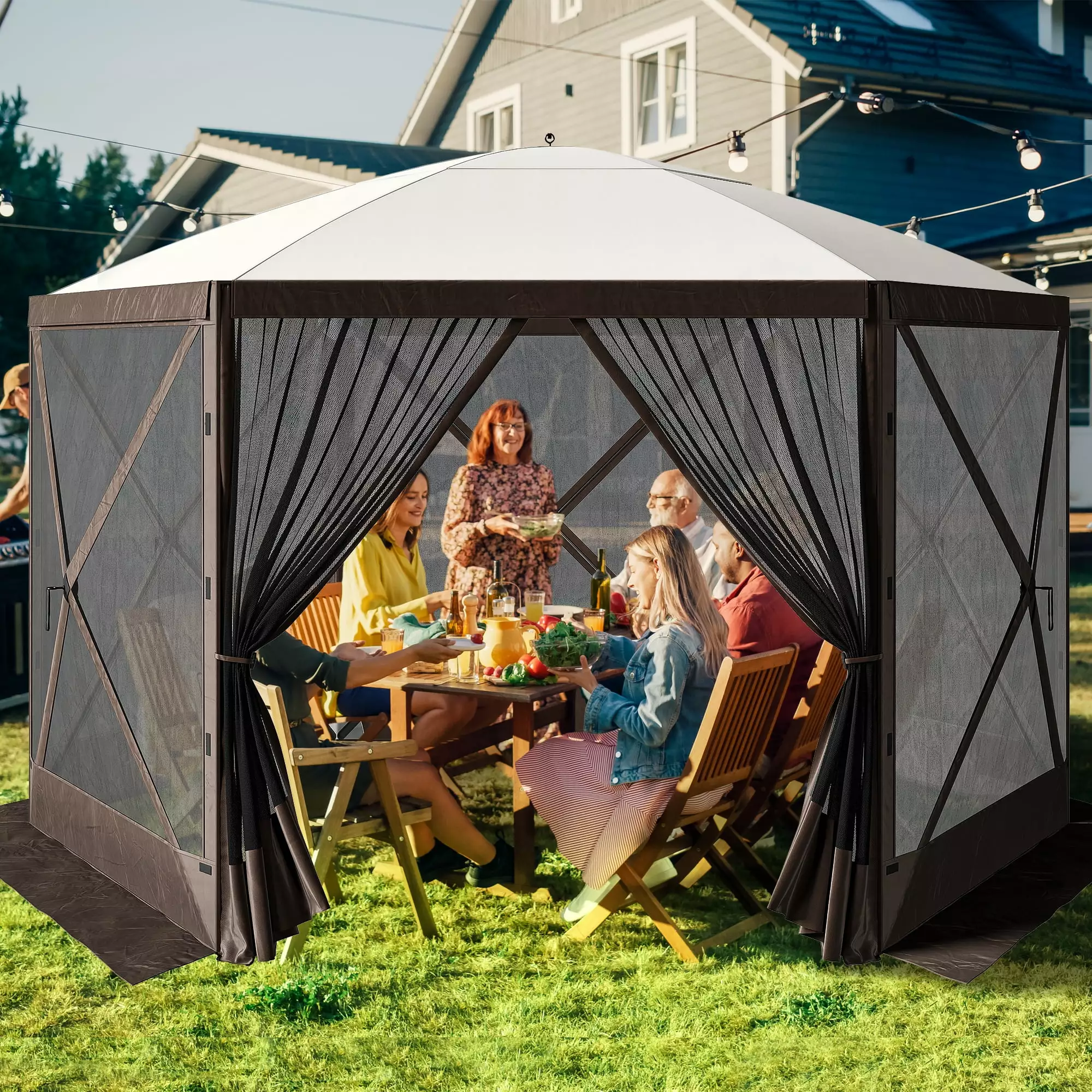 Dextrus 11.5x11.5ft Camping Gazebo Portable Pop Up Canopy Outdoor Screen Tent Mesh Windows and Carry Bag 11