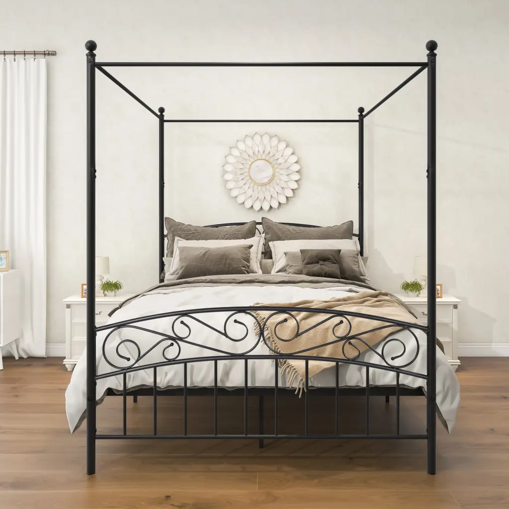 Queen Metal Canopy Bed Frame Headboard And Footboard Black home furniture