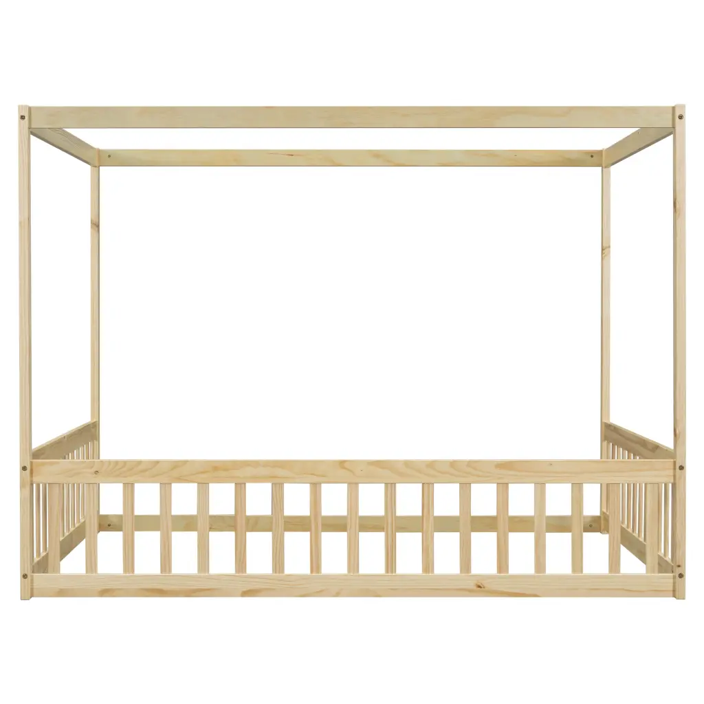 Full Size Canopy Frame Floor Bed Fence and Guardrails Natural Finish inspirit