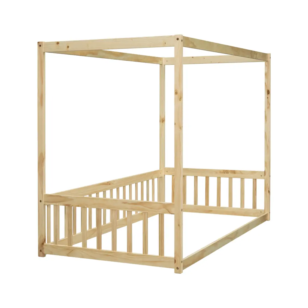 Twin Size Canopy Frame Floor Bed Fence and Guardrails Natural Finish inspirit