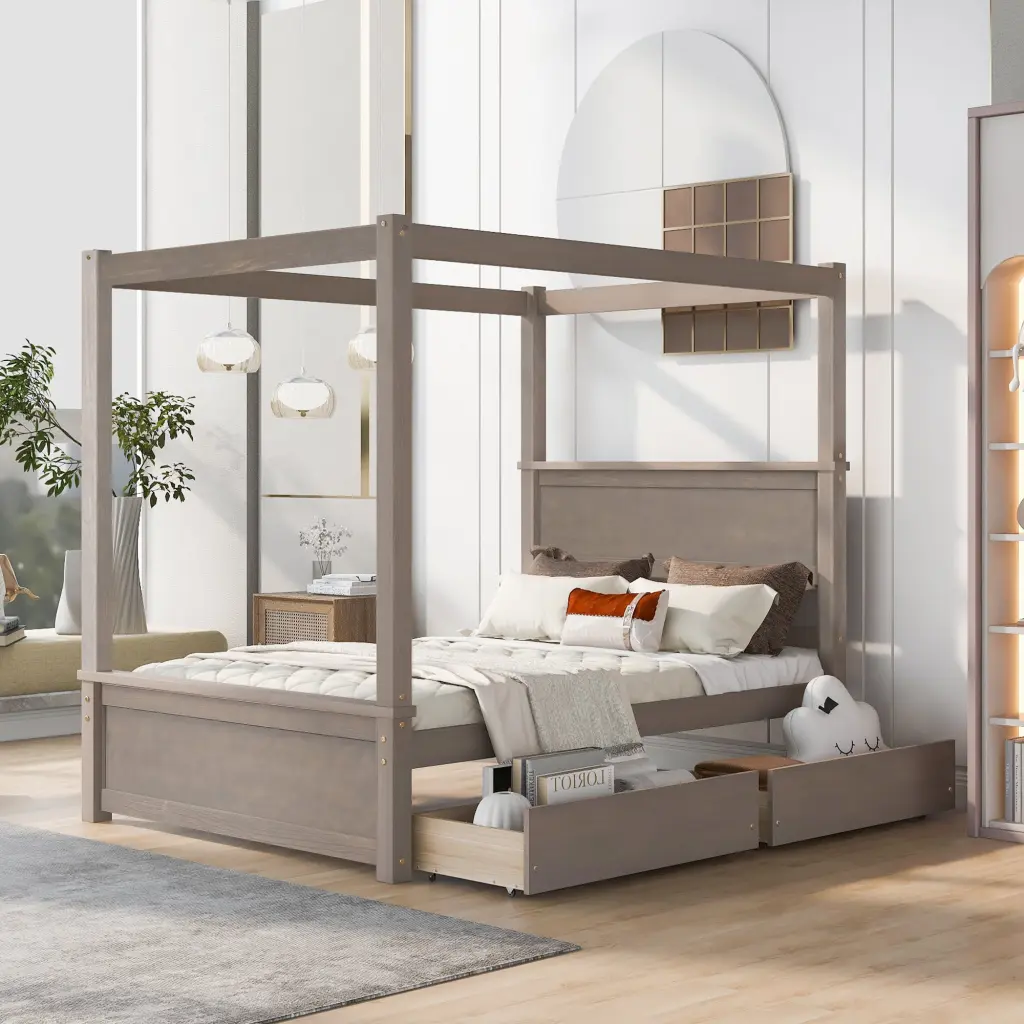 Wood Canopy Bed Full Size Two Drawers Platform Bed Storage lucky furniture