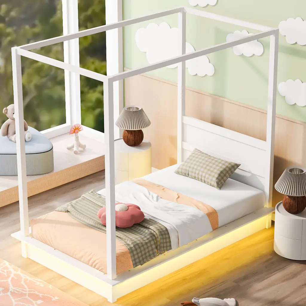 Twin Dimensions Wood LED Canopy Bed Substantial Slats lucky home