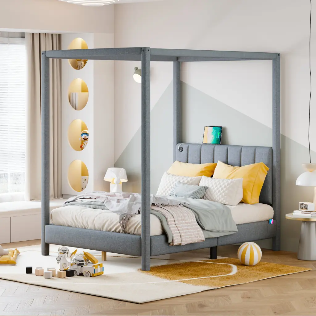 Full Size Canopy Platform Bed USB and Type C Ports Gray Canvas Bed Frame lucky world