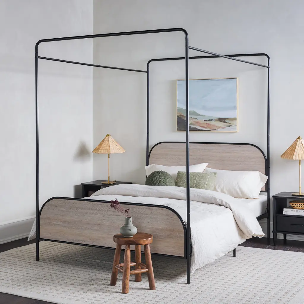 Modern Metal And Wood Canopy Queen Bedframe Smoked Oak Brown MDF Frame walker edison