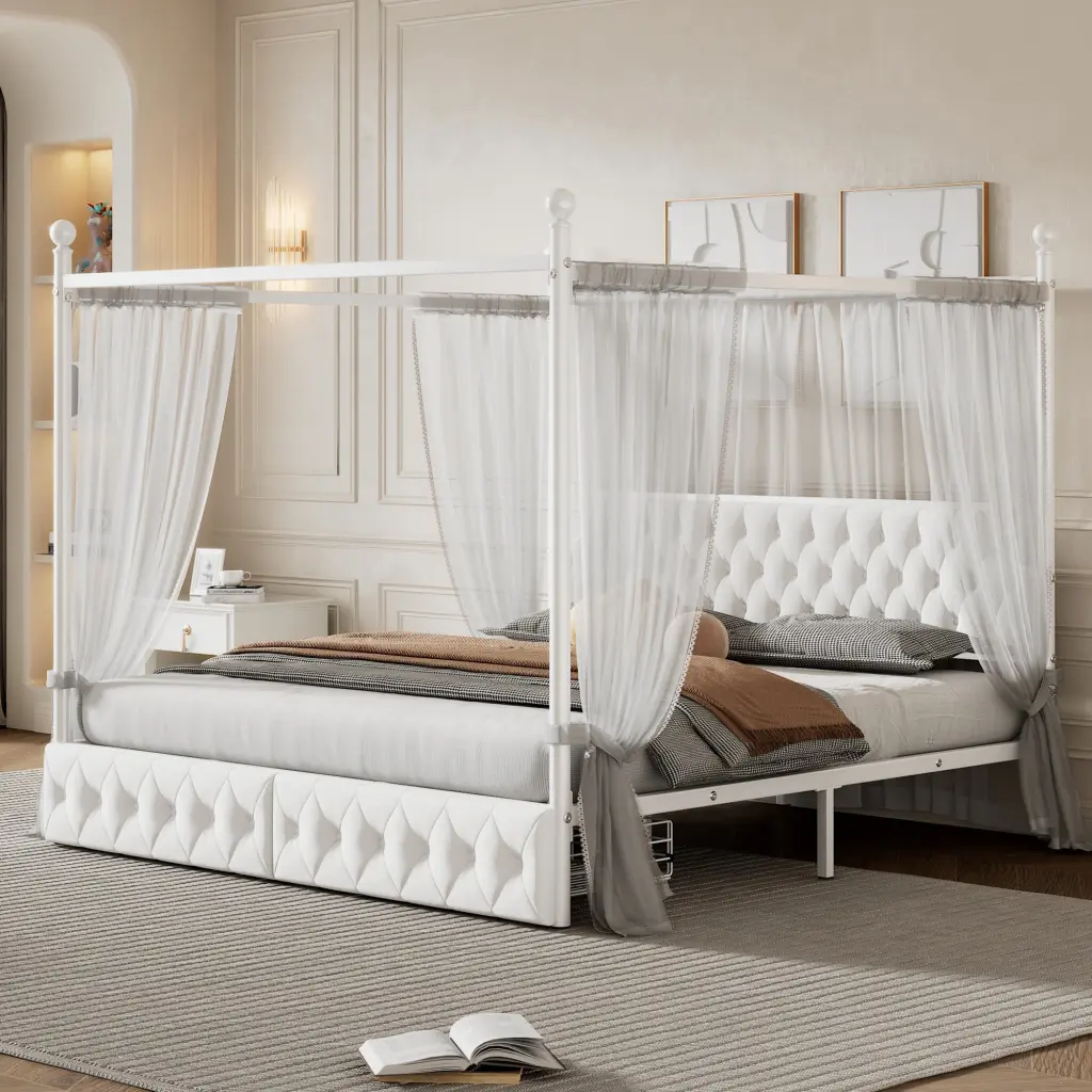 King Size Metal Canopy Platform Bed Upholstered Headboard wm dreamland
