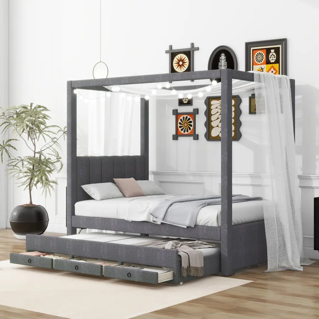 Twin Upholstered Canopy Platform Bed Trundle and Three Storage Drawers wm dreamland