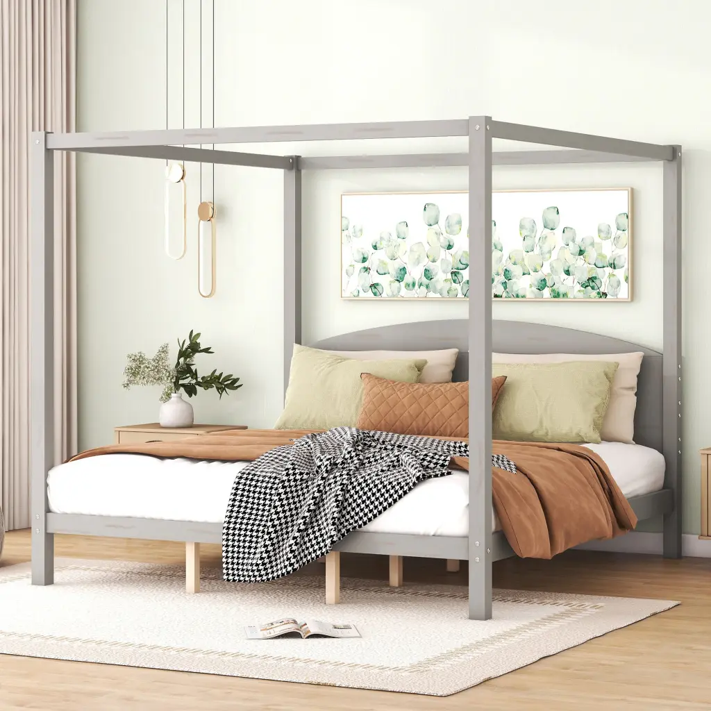 King Size Canopy Platform Bed Headboard and Sturdy Legs Grey Wash wm store