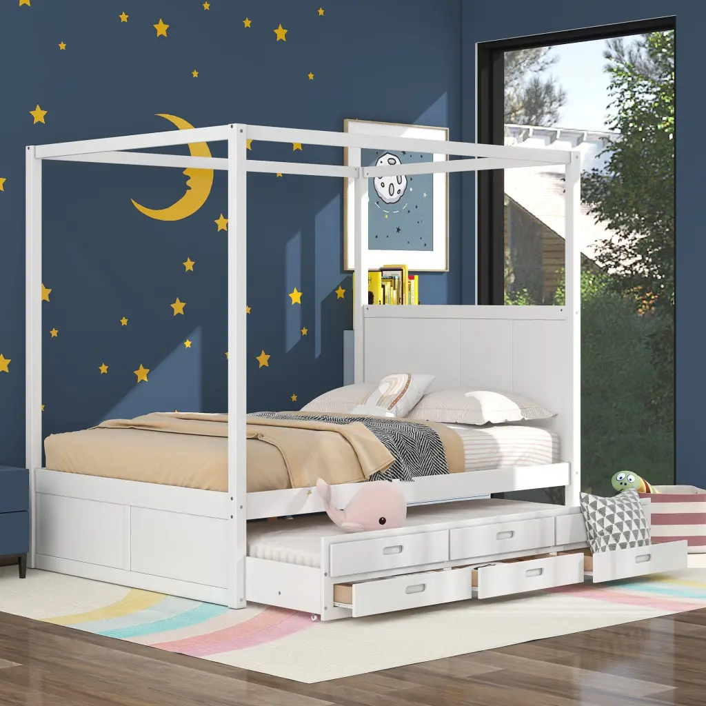 Queen Canopy Platform Bed Twin Trundle and Three Storage Drawers wm store