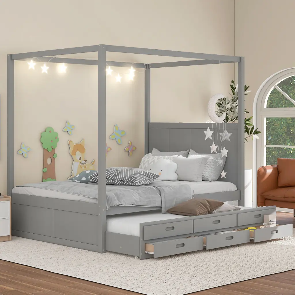 Queen Size Canopy Platform Bed Twin Trundle and Three Storage Drawers wm store