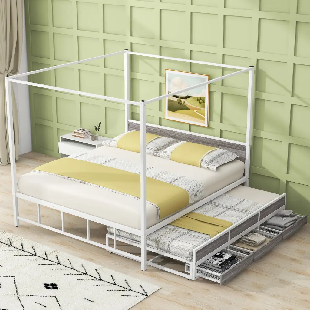 Queen Size Metallic Canopy Platform Bed Twin Trundle and 3 Storage Drawers wm store